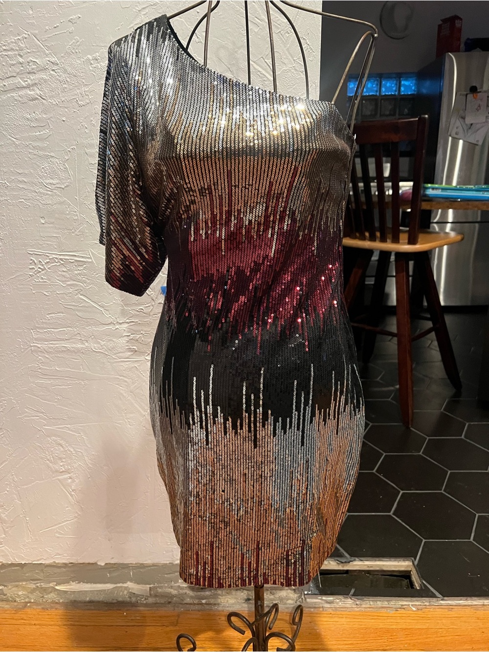Bisou Bisou One-Shoulder Sequin Dress in Black, Silver & Burgundy